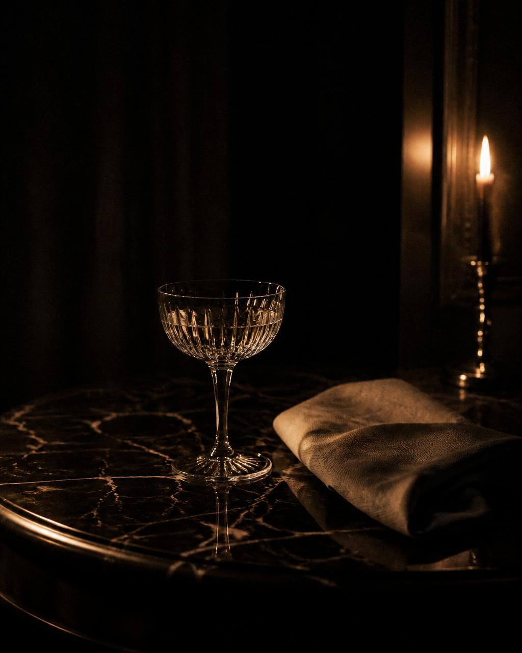 Candlelit marble table setting in a private room